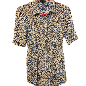 Mine short sleeve black, brown and blue Leopard print tunic.